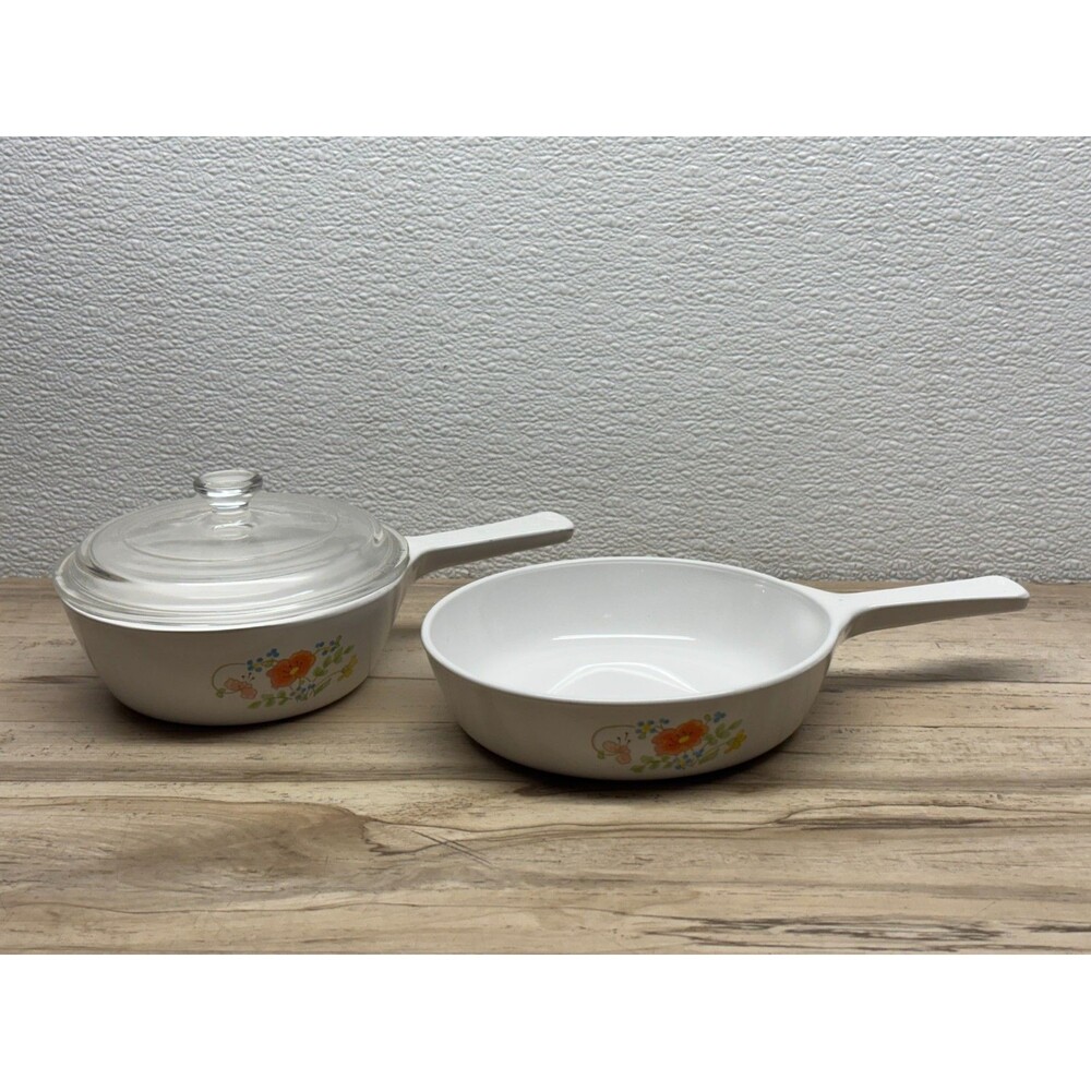 Corning Ware Wild Flowers Saucepans Set Of 2 P-81-B With Glass Lid And P-83-B